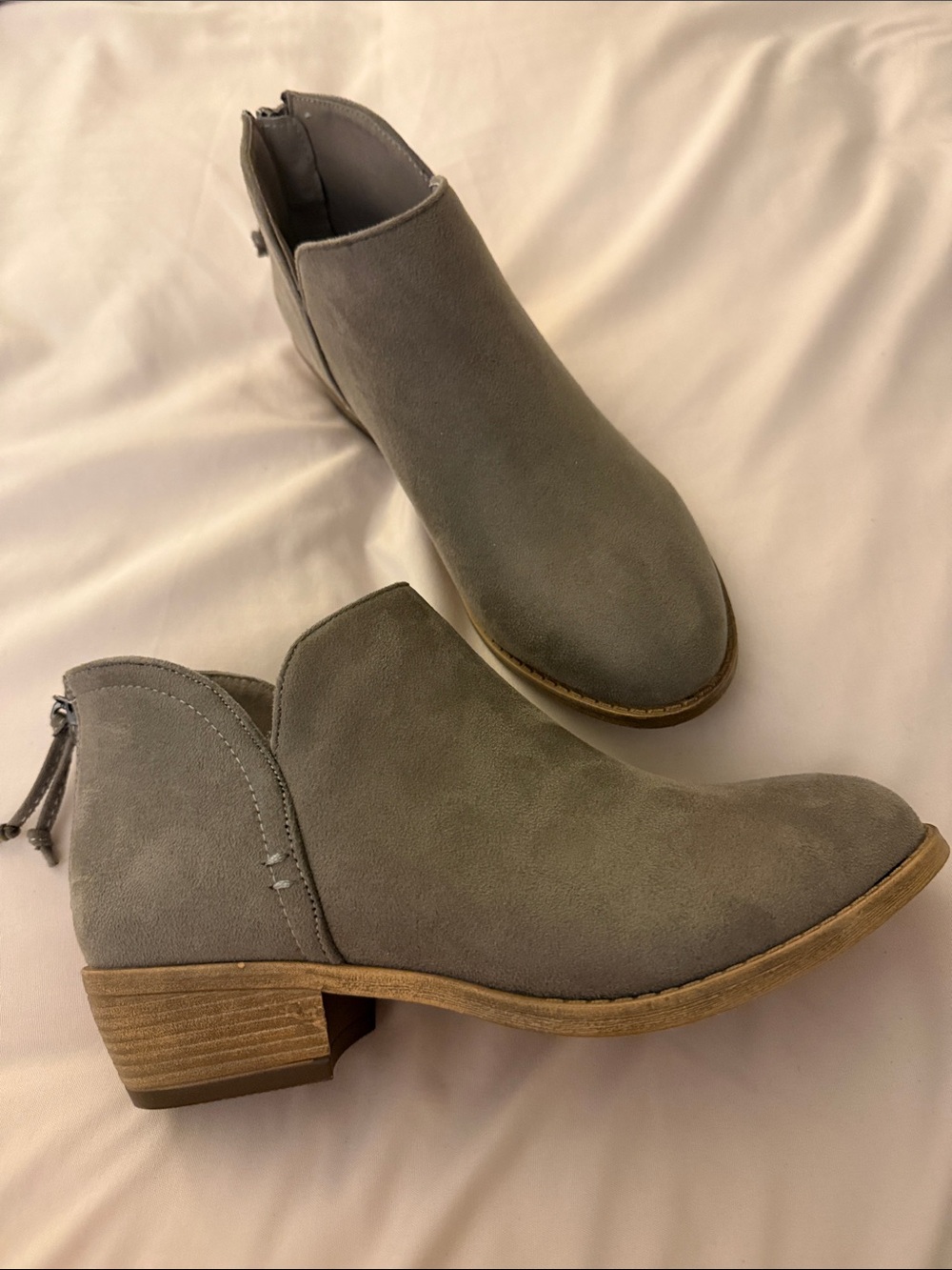 Women's Gray Taupe Faux Suede Ankle Booties - Low Heel